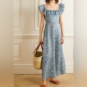 Zimmermann Carnaby Ruffle Floral Linen Blue Maxi Dress - Size 1 / US Size 4/6